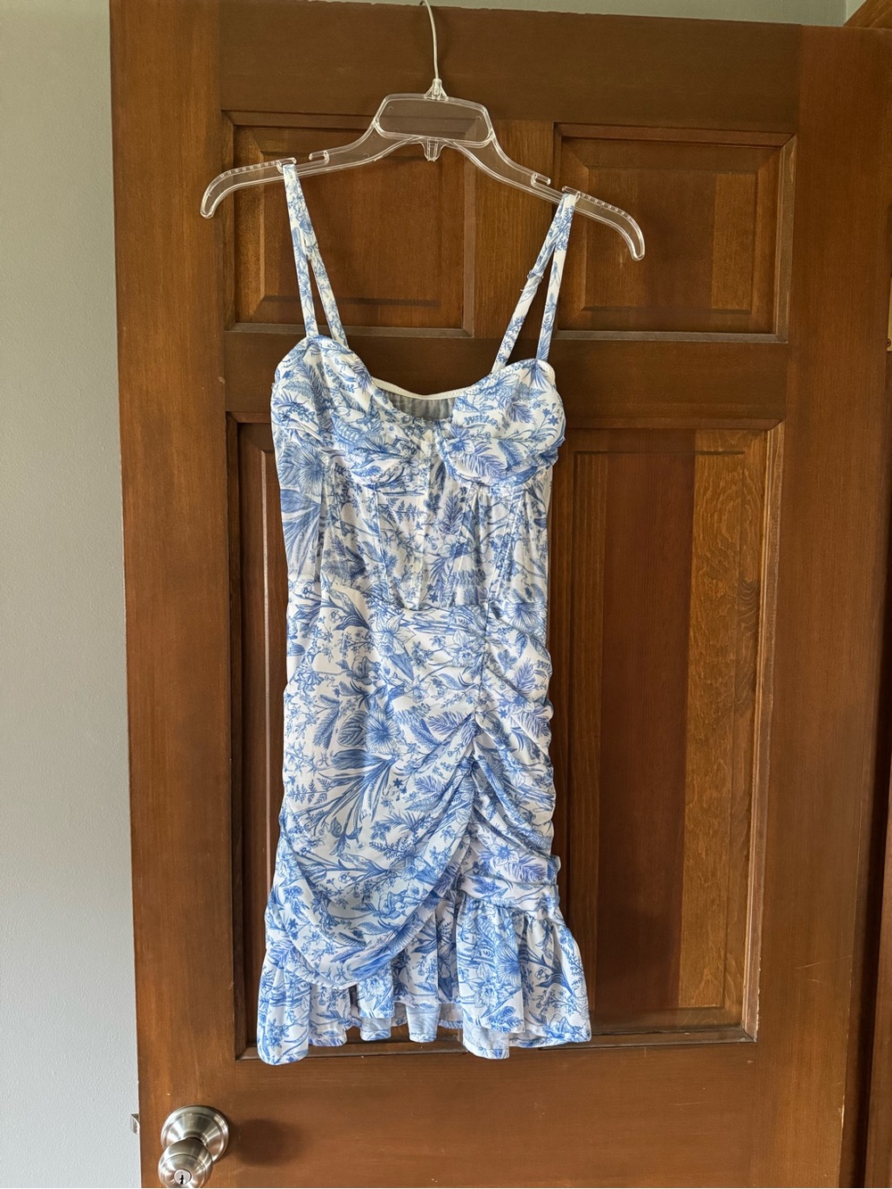 Blue and White Floral Ruched Mini Dress
